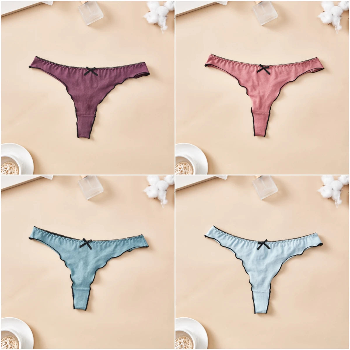 4pcs women's cotton solid color thong sexy comfortable women's underwear daily breathable T-back knitted bow cute girl low-waist