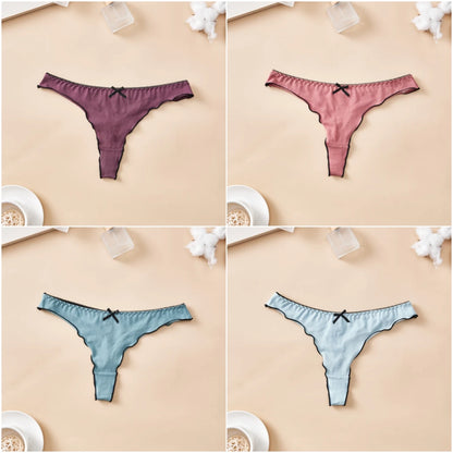 4pcs women's cotton solid color thong sexy comfortable women's underwear daily breathable T-back knitted bow cute girl low-waist