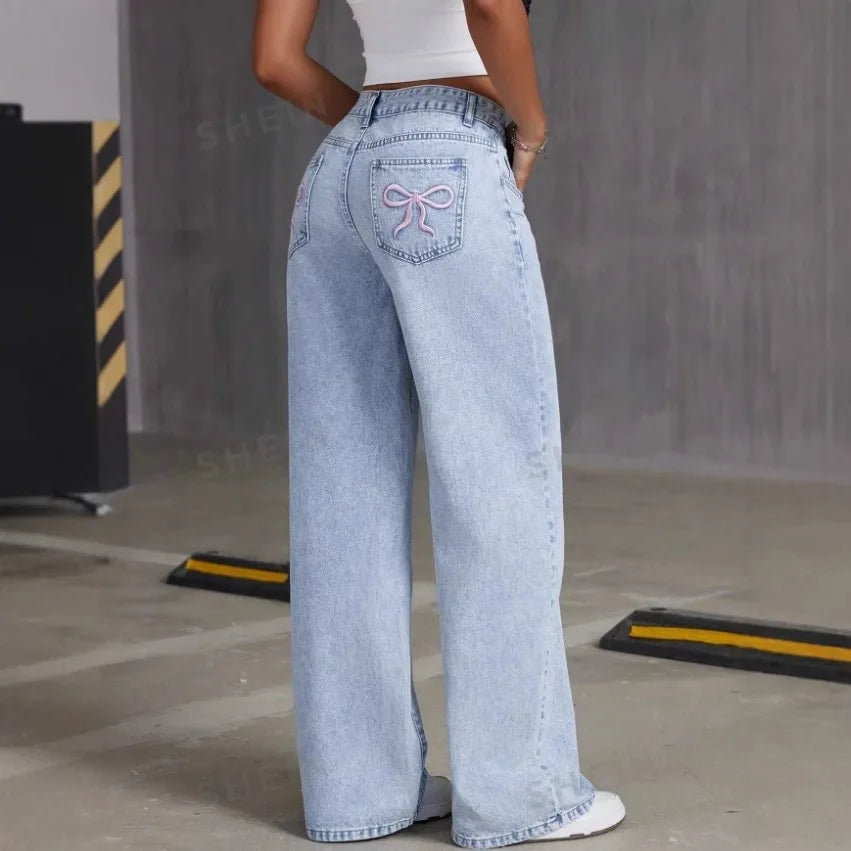 Jean Straight Pants Women Denim Washed Jeans Full Length Mom Embroidery Pockets Loose High Waist Vintage Zipper Fly Spliced.