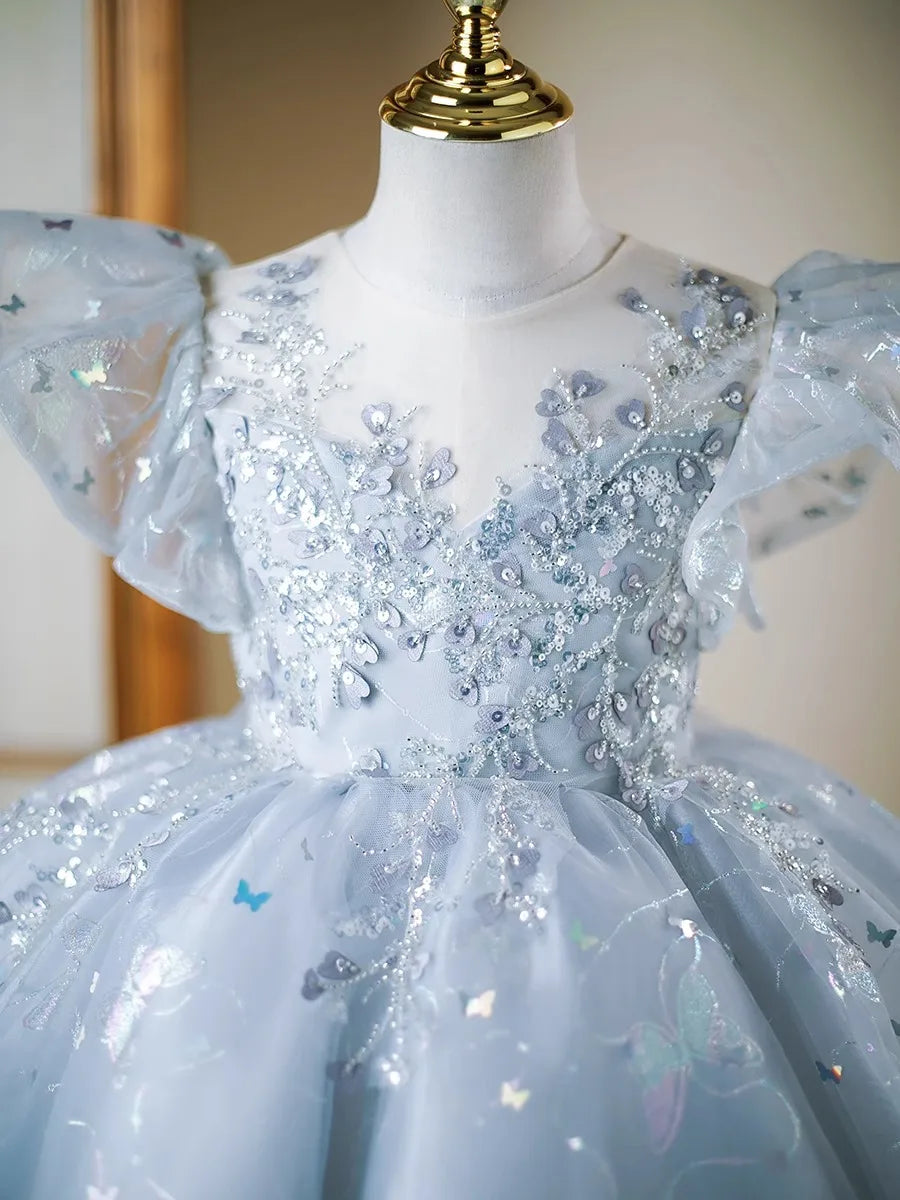 Blütenblattärmel Kleid Pailletten Mädchen Prinzessin Kleider Klavier Performance Kleider Teenager Kleidung Fliegende Ärmel Tutu Ballkleid.