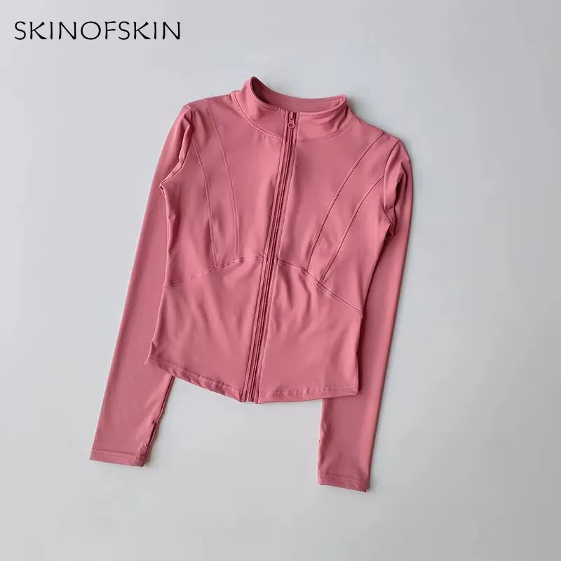Outdoor Sports Long Sleeved Women Slim Yoga Clothes Quick Dry Zipper Cardigan Stand Up Collar Jacket Running Fitness Jacket Top
