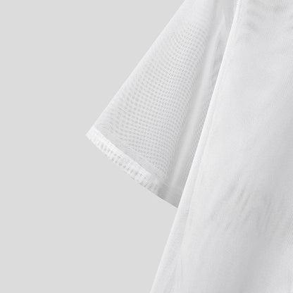 INCERUN Men Sets Mesh Patchwork See Through Sexy Short Sleeve Shirts & Pants Two Pieces Sets Streetwear 2025 Men's Casual Suits