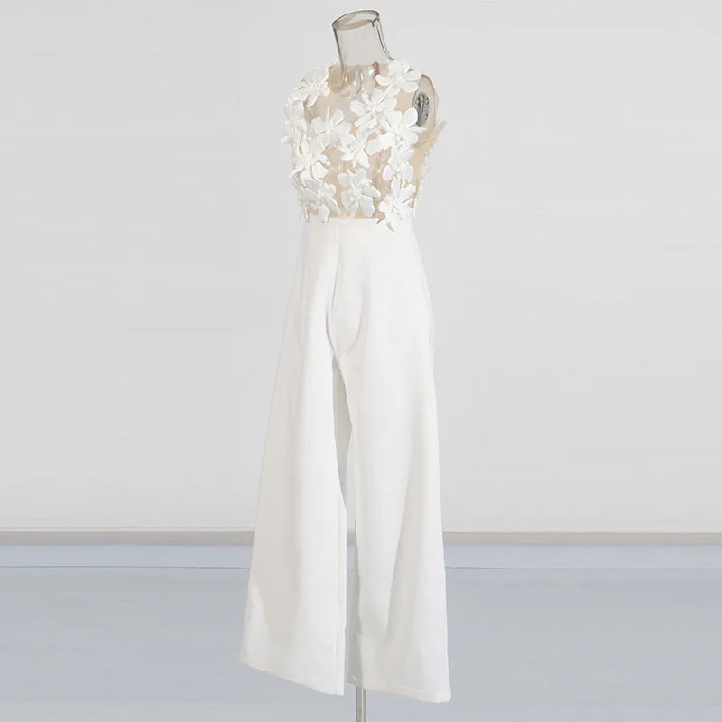 ZMEENNA Elegant White Floral Applique Jumpsuit For Women Sleeveless Wide Leg Romper With Sheer Mesh Top Perfect ZM726.