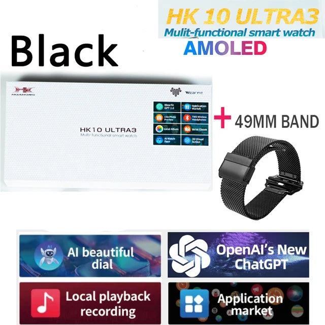 2025 New 49mm HK10 ULTRA 3 Smartwatch HD AMOLED 4G ROM Bluetooth Call Network Chat Robot Clock NFC Compass Smart Watch Men Women