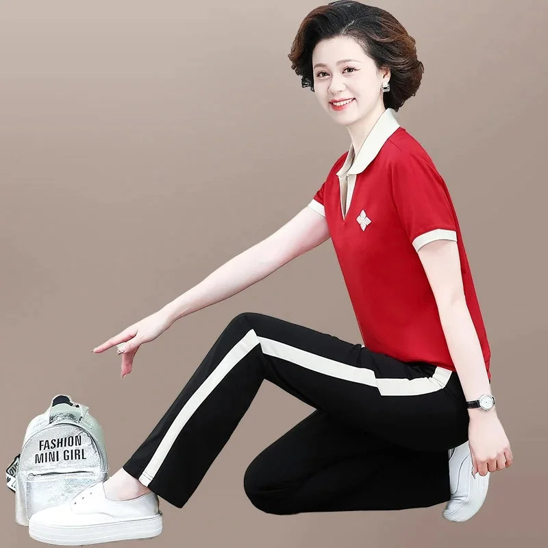 Casual Breathable Short Sleeve Sportswear Set for Middle-Aged Mothers Fashionable Summer Clothing Grandmother Style