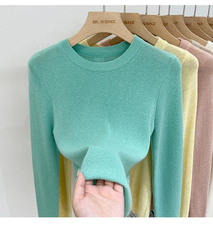 Spring  Basic O-Neck Slim T-Shirt Women Solid Multi Color All-Match Trend Casual Top Screw Knit Long Sleeve Elastic Office Lady