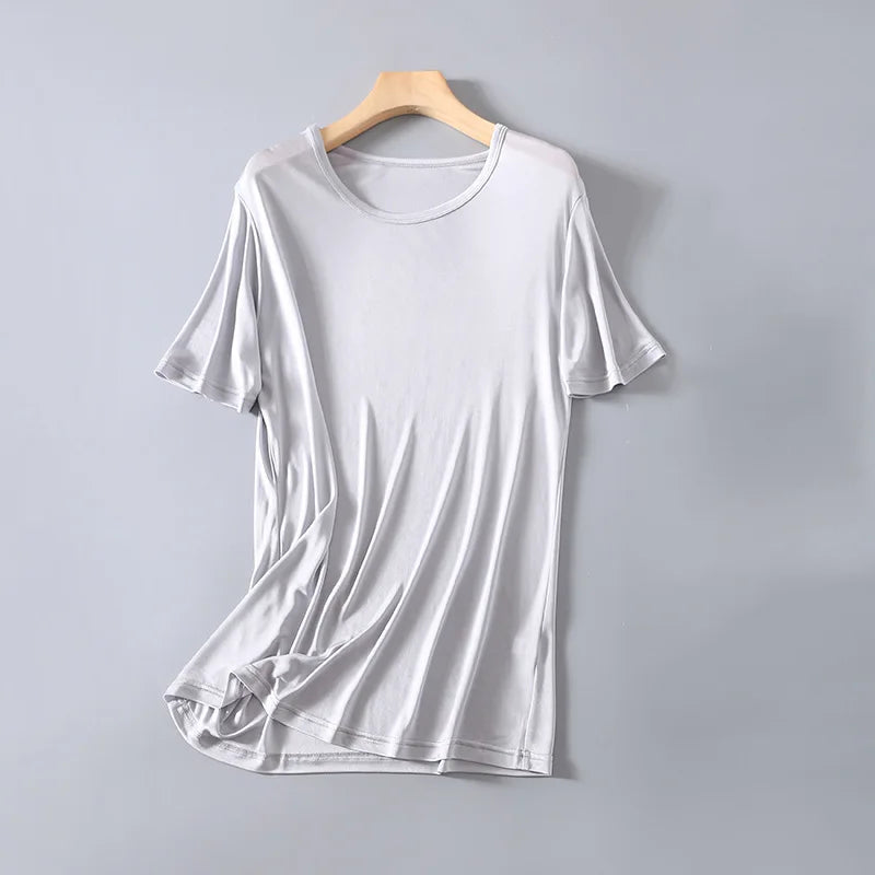 Men's Spring Summer Thin 100% Natural Silk T-shirt Male Elastic Casual Breathable Summer Silk Shirt Tops TB1167