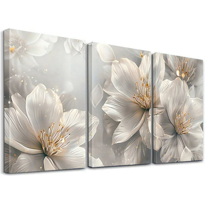 3pcs of fashionable white flower canvas wall art, blooming beautiful flower painting printmaking pictures, abstract flower wall.