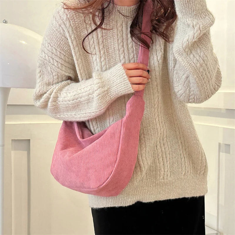 Corduroy Shoulder Bag Minimalist Crossbody Bag Women's Handbags Fashion Fabric Underarm Bag Solid Color Zipper Female Handbag