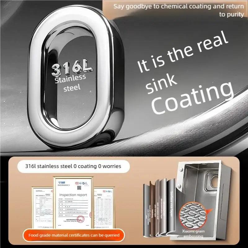 316L Stainless Steels Kitchen Sink Household Dish Vegetable Wash Basin Can be Installed On Either Side Large Single Slot