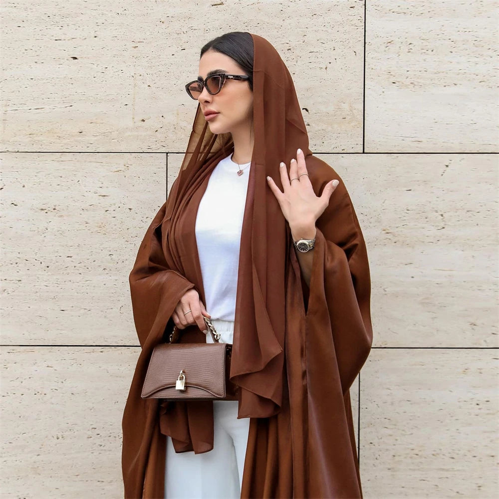 Ramadan Dubai Pink Satin Modest Open Butterfly Batwing Kimono Abaya Cardigan Islam Muslim Dress For Women Kebaya Robe Musulmane