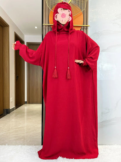 Women Cotton Abayas Muslim Ramadan Prayer Clothing With Hooded Jalaba Solid Casual Batwing Sleeve Arab Oriental Robe Eid Djellab.