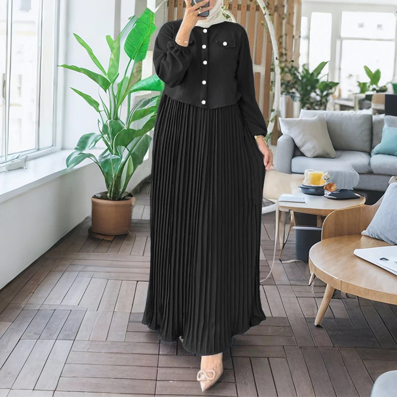 2025 ZANZEA Autumn Maxi Long Dress Women Elegant Long Sleeve Solid Pleated Sundress Patchwork Dresses Muslim Abaya Robe Femme.