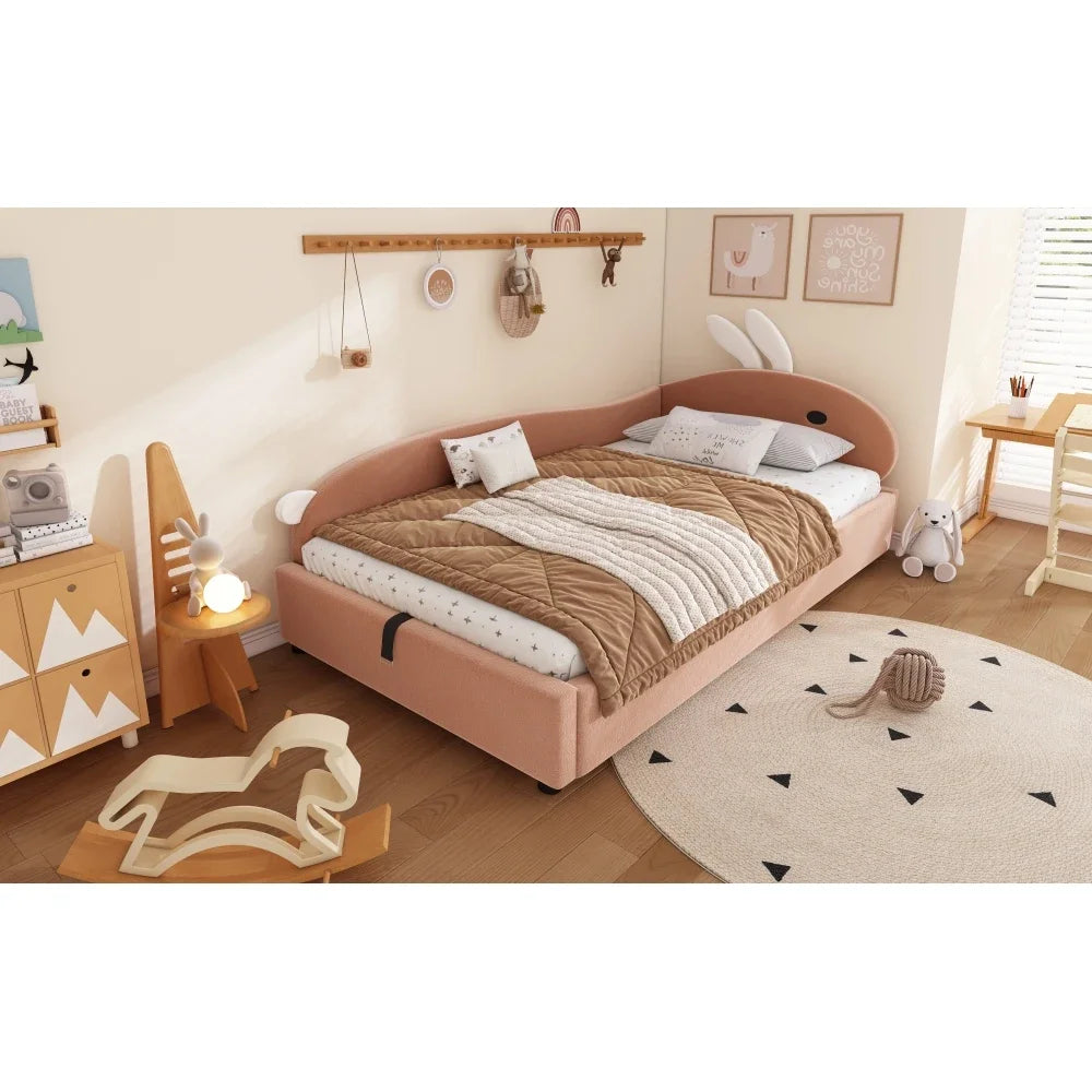 Polsterbett, Einzelbett, Babybett, niedlicher Hasenkopf, hydraulisches Bett mit Stauraum, erhöhter weicher Zaun, Samt, rosa + weiß, 90 x 200 cm