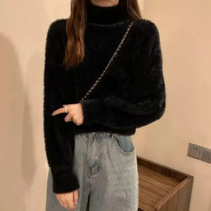 2025 frauen Gestrickte Tops Winter Imitieren Nerz Wolle Heißer Fleece Weibliche Rollkragen Elastische Beiläufige Pullover Weiche Warme Pullover