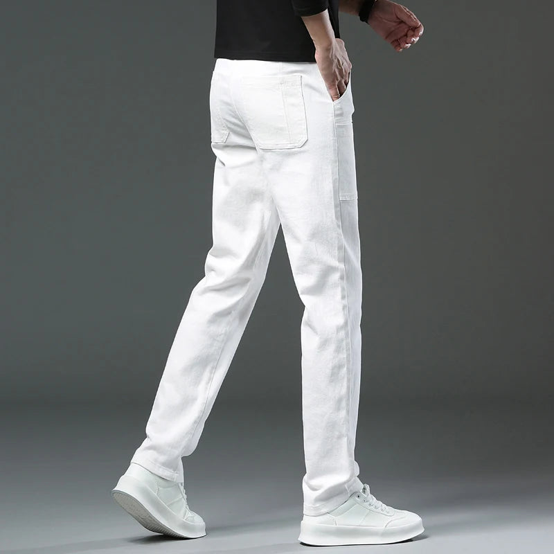 Spring and Autumn Men's Multi-Pocket Design Jeans Fashionable and Versatile White Khaki Red Comfortable Stretch Denim Pants.