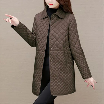 Herbst Winter Frauen Midi Plaid Stepp Mäntel Mode Weibliche Koreanische Kleidung Neue Feste Beiläufige Verdicken Warme Langarm Jacken