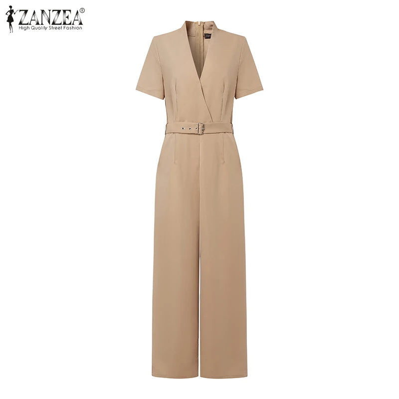 ZANZEA Street Fashion High Waist Jumpsuits Women Workwear Belt Rompers Solid Deep V Neck Elegant Office Lady Long Overalls.