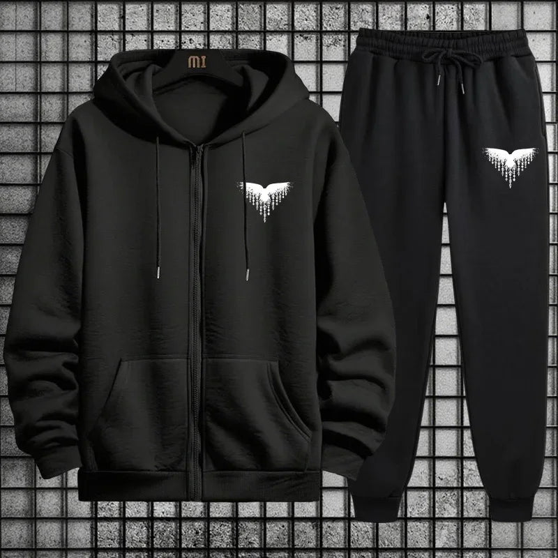 Ancient Viking Raven Print Hoodie Sweatpants Autumn Winter Daily Casual Sporty Jogger Set Urban Fashion Men's Zipper Tracksuit.