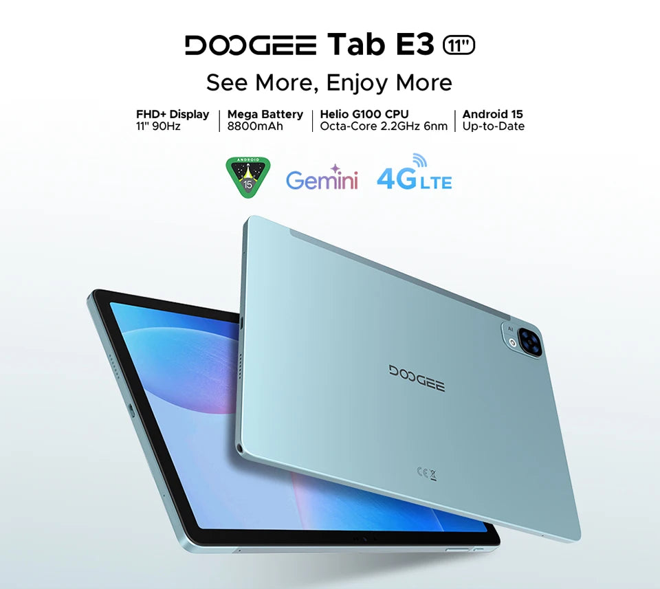 DOOGEE Tab E3 Tablet 11" Screen Android 15 Gemini AI 7.5mm Ultra-thin 32GB (8+24) 256GB Dual Speakers 8800mAh Battery Smart Pad.