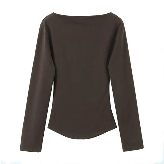 Women's Tri Color Side Folded Decorative T-shirt Round Neck Long Sleeve Spring/Summer New Casual Women's Clothing.