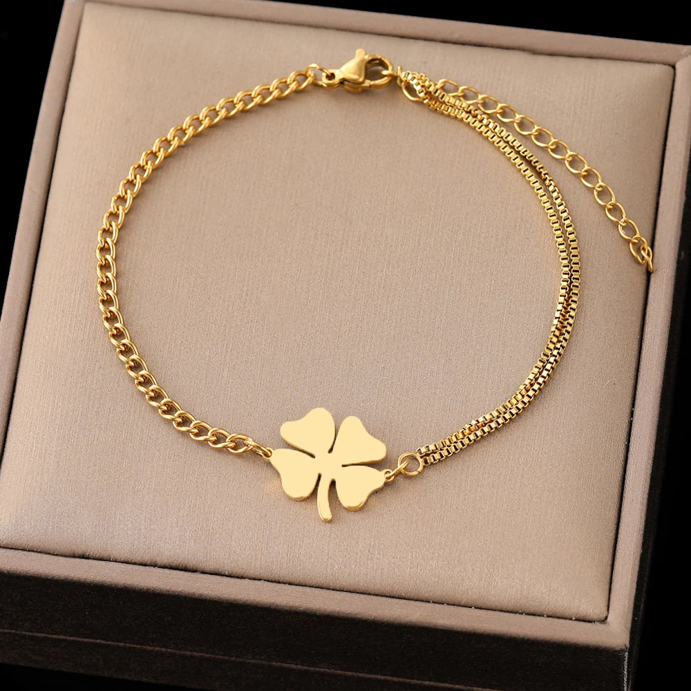Stainless Steel Bracelets Classic Lucky Clovers Pendant Hip Hop Bracelet For Women Jewelry Non-fading High-quality Everyday Wear.