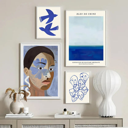Abstract Blue Geometric Face Lines Canvas Painting Curve Girl Vase Dove Wall Art Posters Print Picture Nordic Bedroom Home Decor.