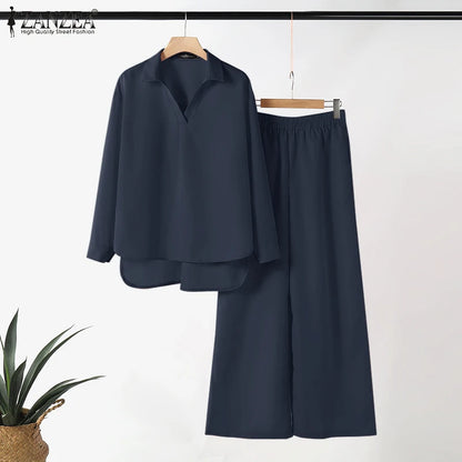 ZANZEA Fashion Women Casual Trousers Suits 2PCS Autumn Long Sleeve Blouse Solid Wide Leg Pants Sets Loose Work Tracksuit Outifit