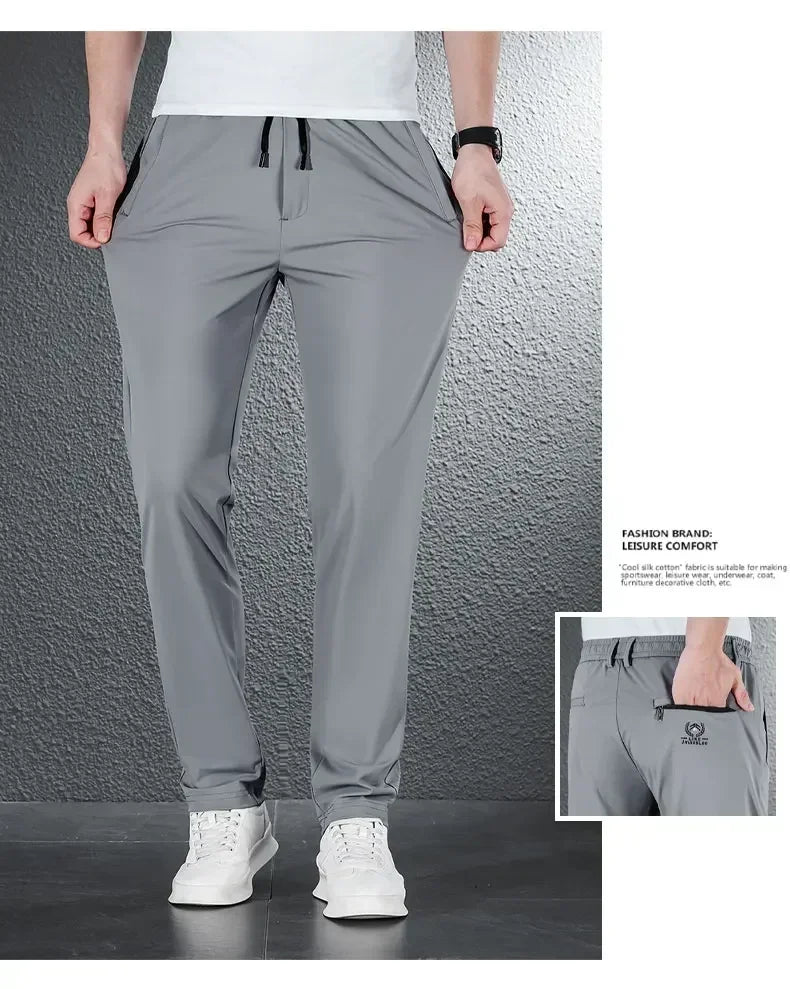 2024 Summer Soft Ice Silk Fabric Men's Thin Casual Pants Korean-style Fashion  Straight High Stretch Trousers Male Luxury Brand.