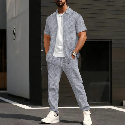 2025 Men's Casual and Fashionable short-sleeved jacket and shirt with solid-colored drawstring trousers two-piece set.