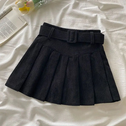 Pleated Mini Skirts Women Japan Students Corduroy Preppy Style Autumn Winter Basic Solid Bottoms Chic Vintage JK Slim All-match