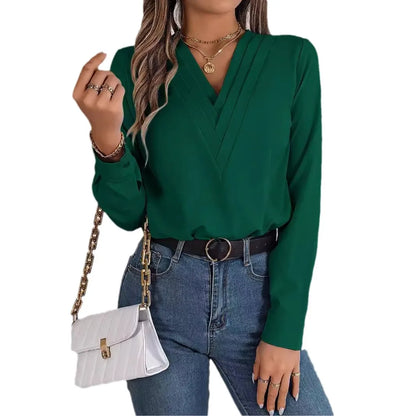 Summer And Autumn Women's Casual Shirt, Commuting Style Solid Color V-neck Long Sleeve Shirt Top.