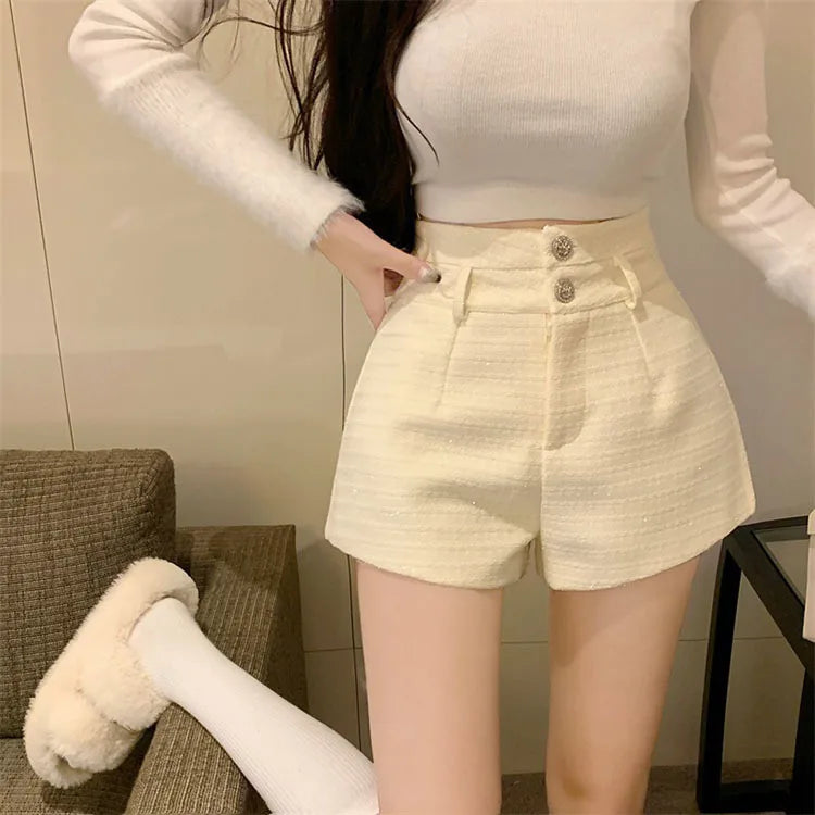 Winter Spring New Arrival Metal Buttons Tweed Shorts Women