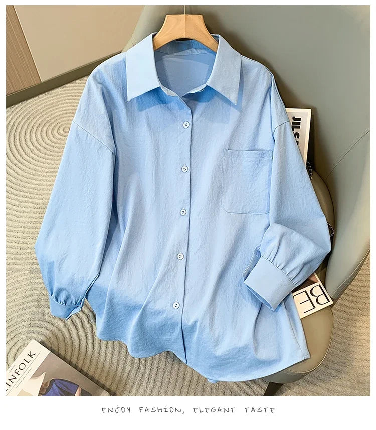 Plus Size Women's Blouses 2025 Spring Autumn Simple Lady Shirts Long Sleeve Big Pockets Shirt Loose Casual Tops