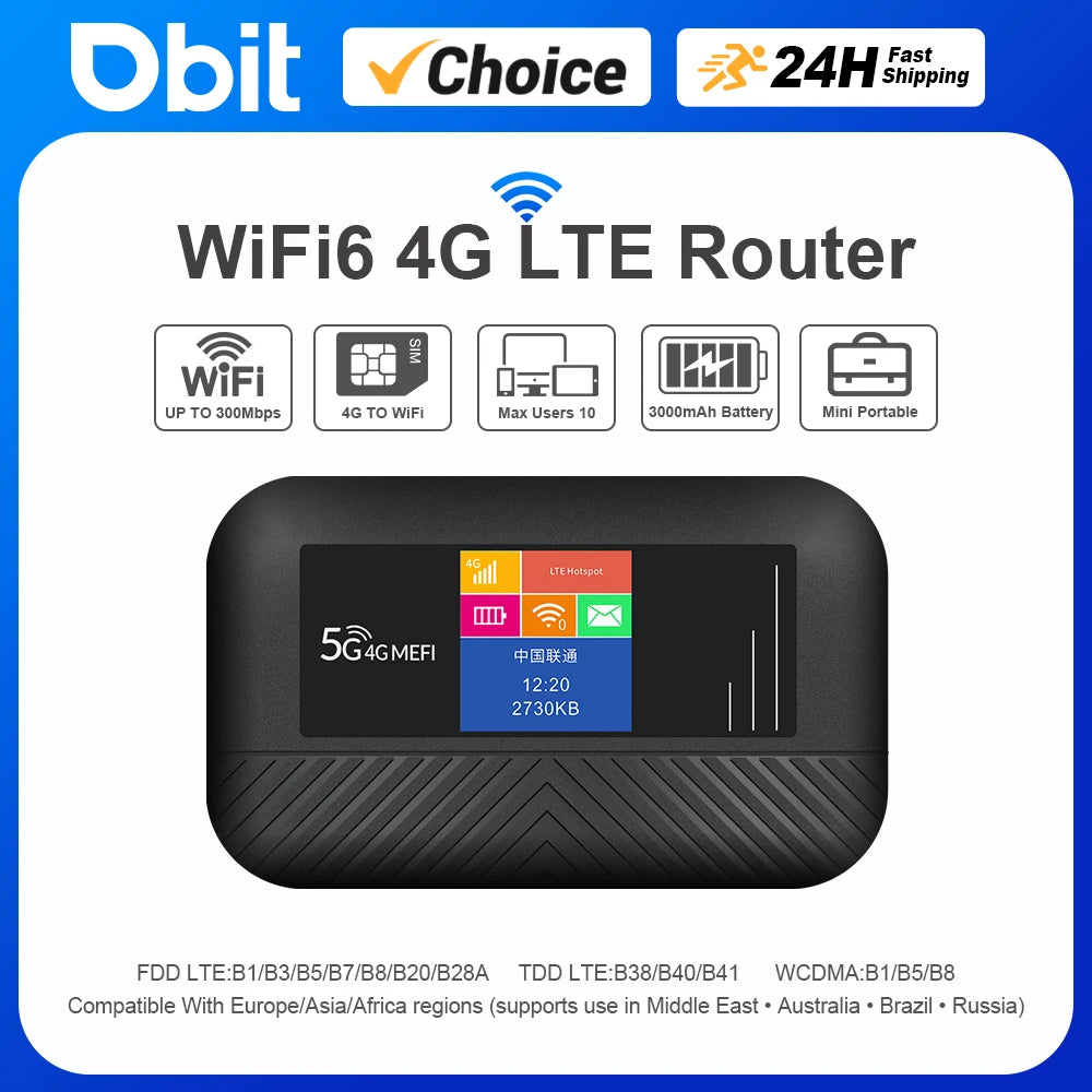 WiFi6 Lte Router 4G SIM Wifi Portable Mifi Pocket Hotspot WiFi Extender Compatible with 5G SIM Cards Type-C Port 3000mAh Battery.