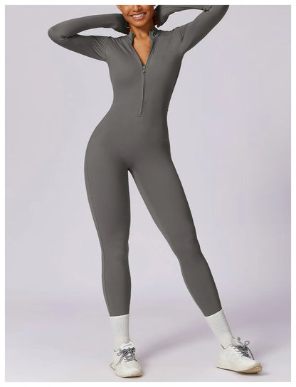 Zipper Long Sleeve Jumpsuit Gym Sportswear Women Yoga Boilersuit Women Sports Jumpsuit Fitness Rompers Stretch Workout Bodysuits.