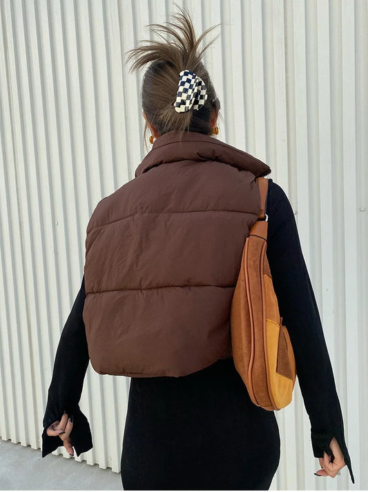 Herbst Winter Kurze Baumwolle Weste Elegante Solide Zipper Ärmel Stehkragen Warme Stepp Weste Mäntel Reise Jacke Im Freien