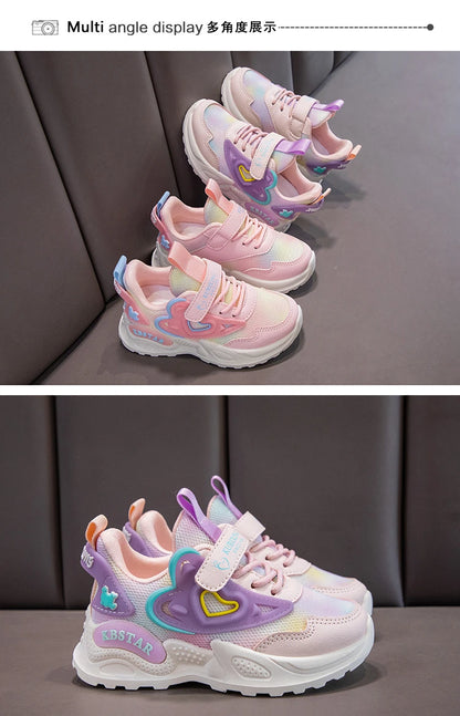 Girls Sports Shoes Kids Running Shoes Pink Breathable Air Mesh Heart Sweet Sneakers Cute Hook & Loop Children's Casual  Shoes.