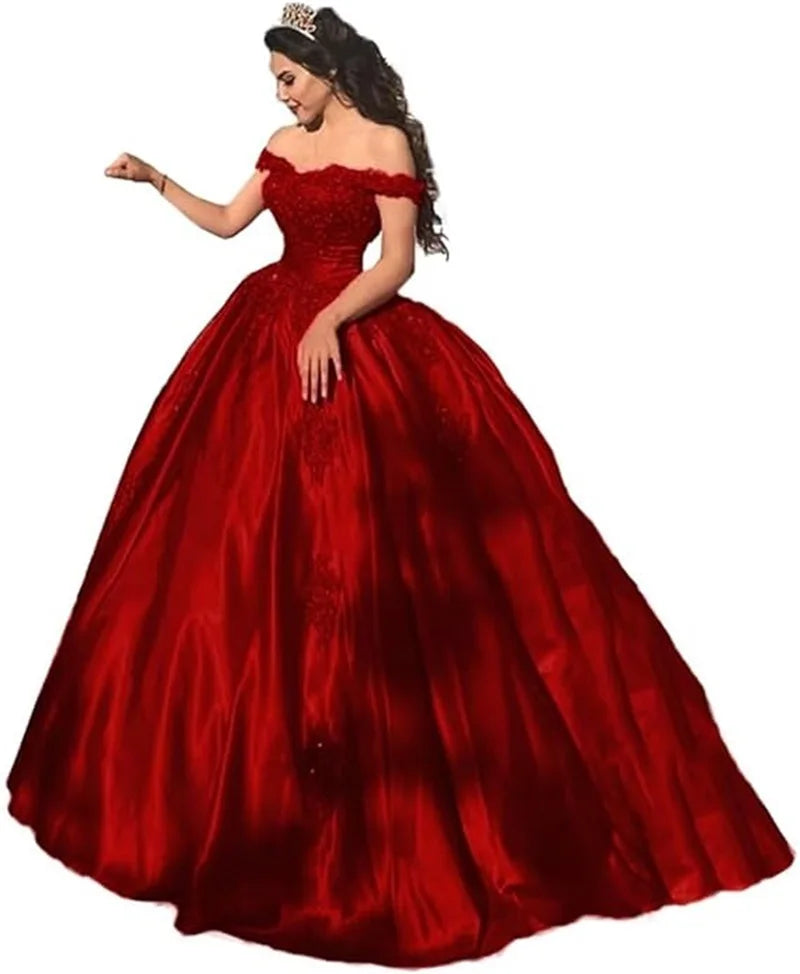 Maßgeschneiderte arabische Abendkleider, elegante rote Perlenstickerei, Spitzenapplikationen, Ballkleider, Quinceanera-Kleider, schulterfreie Partykleider