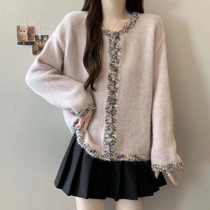 Pailletten-Strickjacke für Damen, Herbst und Winter, lockeres Schlankheitsoberteil