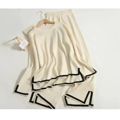 Elegant Suit Long-sleeved Side Slit Pullover Sweater Wide-leg Pants 2-piece Set Women's Autumn Solid Color Casual Sweatshirt.