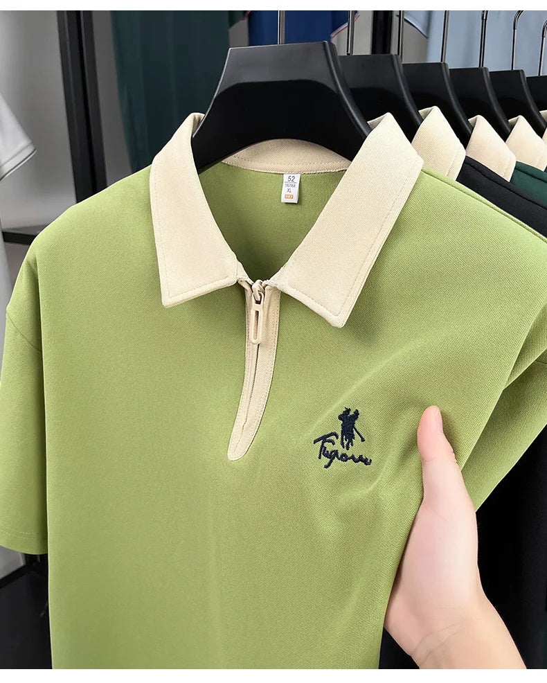 Luxury brand short sleeve polo shirt men's fashion Pony embroidered summer trendy breathable casual color blocked lapel T-shirt.
