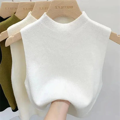 Frühling Herbst Temperament Gestrickte Pullover Weste frauen Hälfte-rollkragen Leibchen Cropped Top Ärmelloses Tank Top