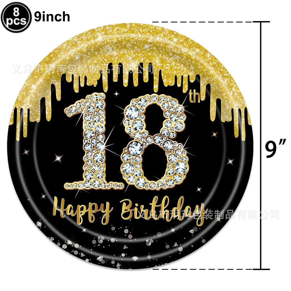 Dekore zum 18. Geburtstag für Jungen und Mädchen, Schwarz-Gold, Party-Banner, Ballon-Tischdecke, Teller, Tasse, Serviette, Partyzubehör zum 18. Geburtstag