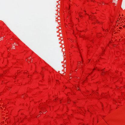 Women's Sexy Sleeveless Lace Patchwork Jumpsuits Solid Color Hollow Out Belted Wide Leg Rompers.