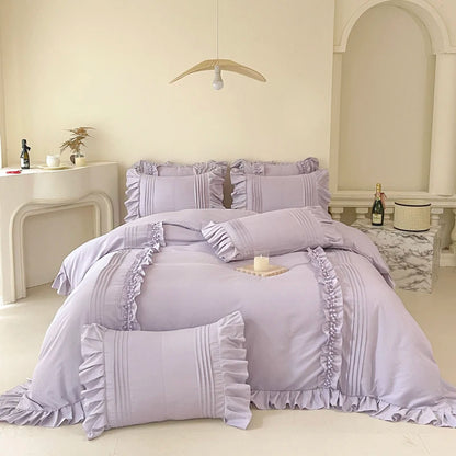 Korean Princess Style Lace Ruffles Bedding Set Solid Color Duvet Cover Set Flat/Fitted Bed Sheet Pillowcases With Pillowcases.