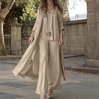 Women Autumn Tracksuits 3pcs Pant Sets ZANZEA Fashion Casual 3-Pieces Sets Solid Tank Tops and Cardigans Wide Leg Trousers Suit