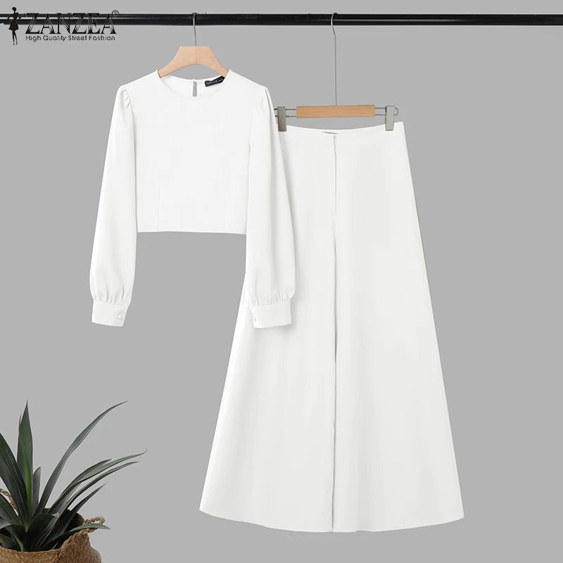 2025 ZANZEA Autumn Pant Sets 2PCS Women Outfits Long Sleeve Cropped Tops Wide Leg Trousers Solid Tracksuits Suit Matching Sets.