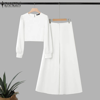 2025 ZANZEA Autumn Pant Sets 2PCS Women Outfits Long Sleeve Cropped Tops Wide Leg Trousers Solid Tracksuits Suit Matching Sets.