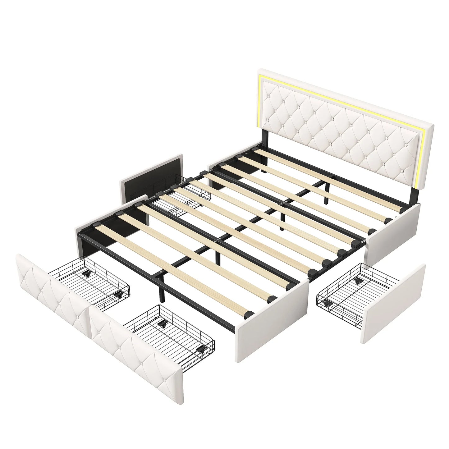 Lazyspace PU-Polsterbett, weißes Einzel- und Doppelbett mit Lattenrost, Holz, mit 4 Schubladen und LED-Kopfteil